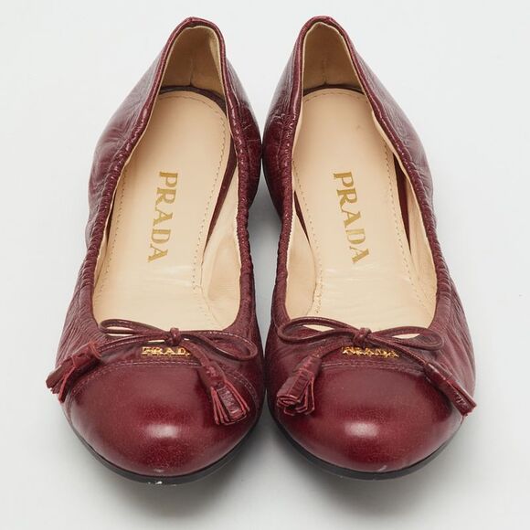 Prada Burgundy Leather Bow Scrunch Ballet Flats Size 37.5
